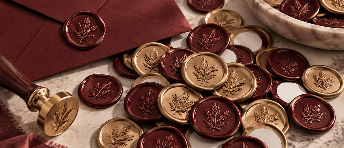 Burgundy and gold wax seals with custom envelope addressing for wedding stationery