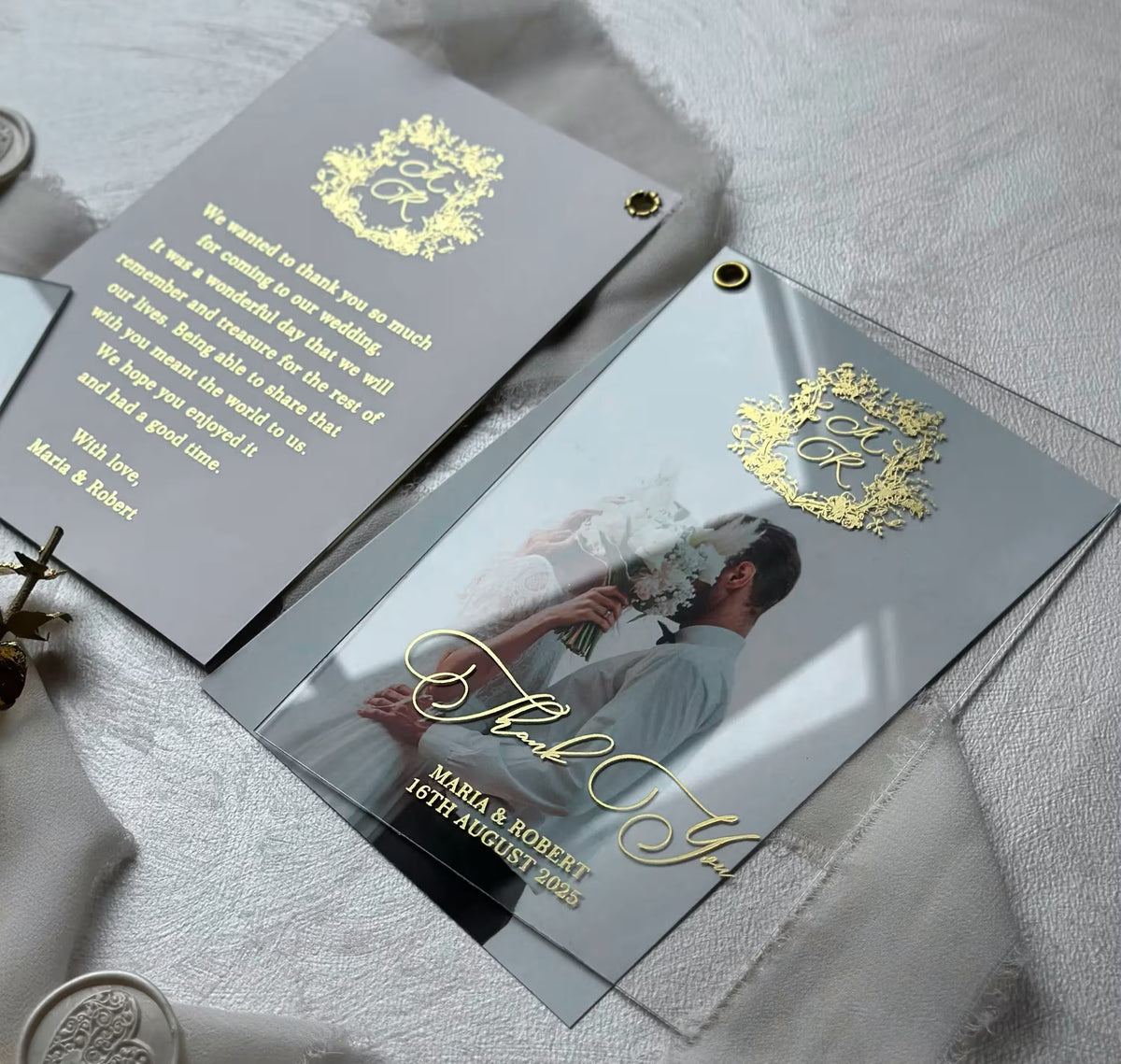 Wedding thank you stationery with photo, decorative monogram and personalized details
