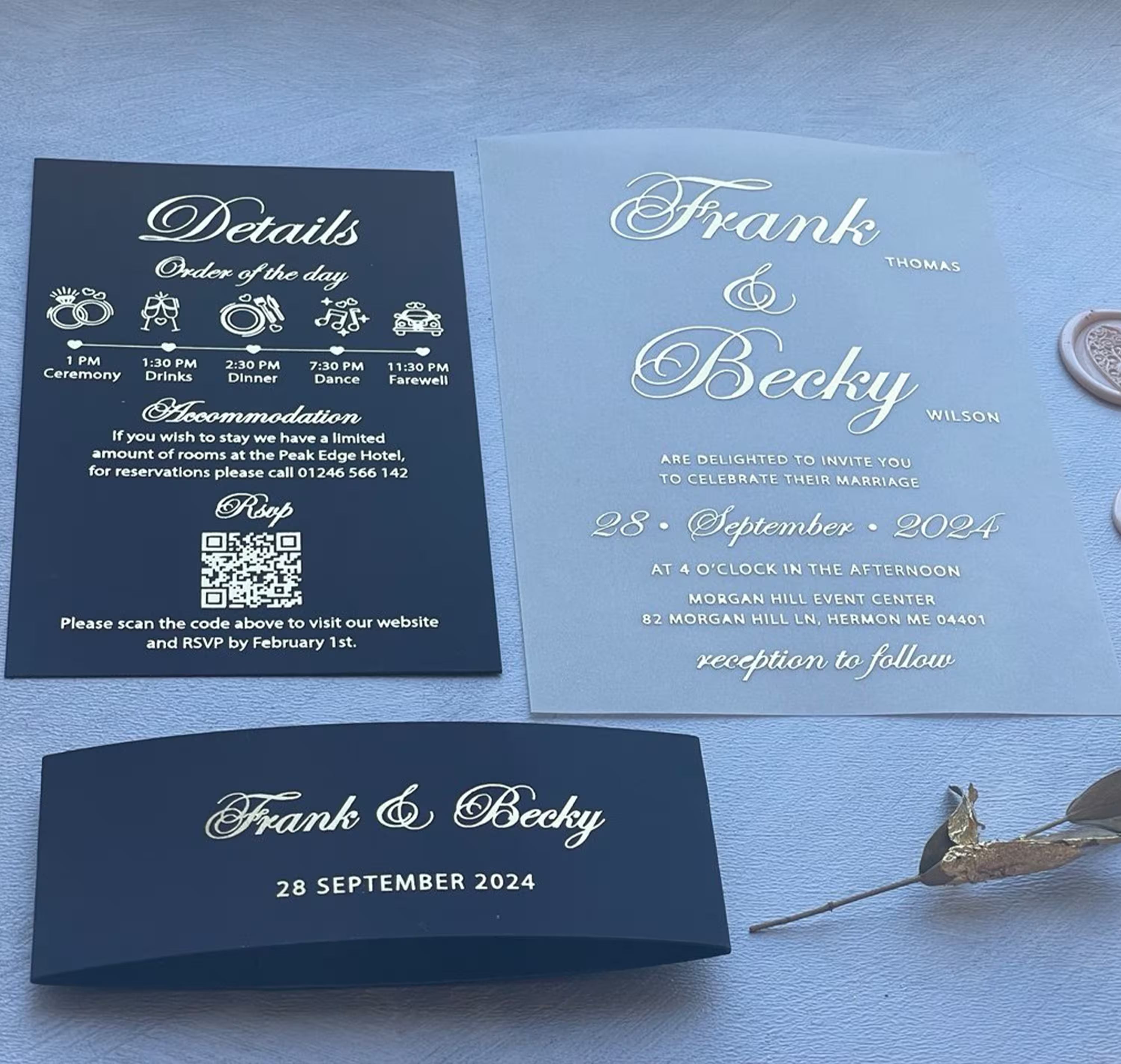 Personalized wedding vellum invitation suite with RSVP, details card and customizable foil