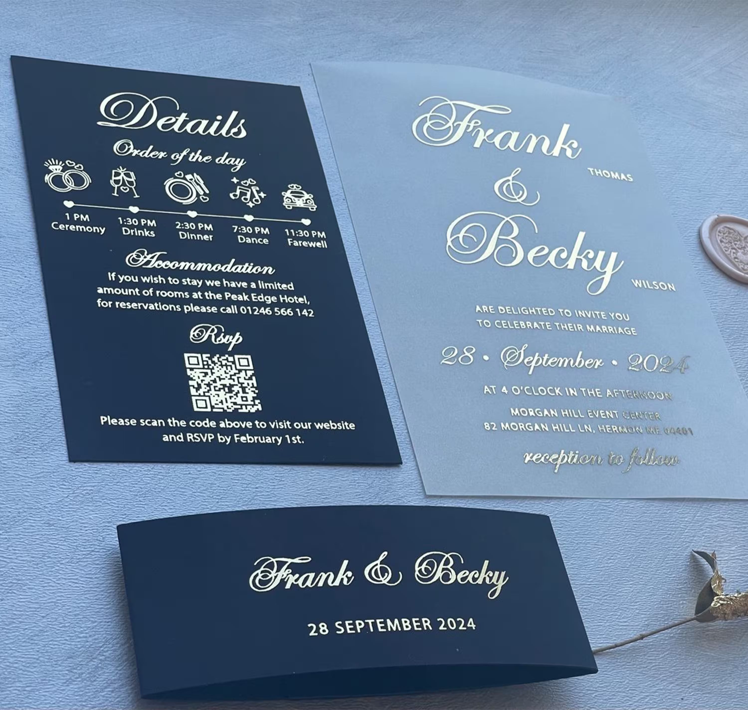 Wedding vellum invitation suite with RSVP card, details card and elegant foil lettering