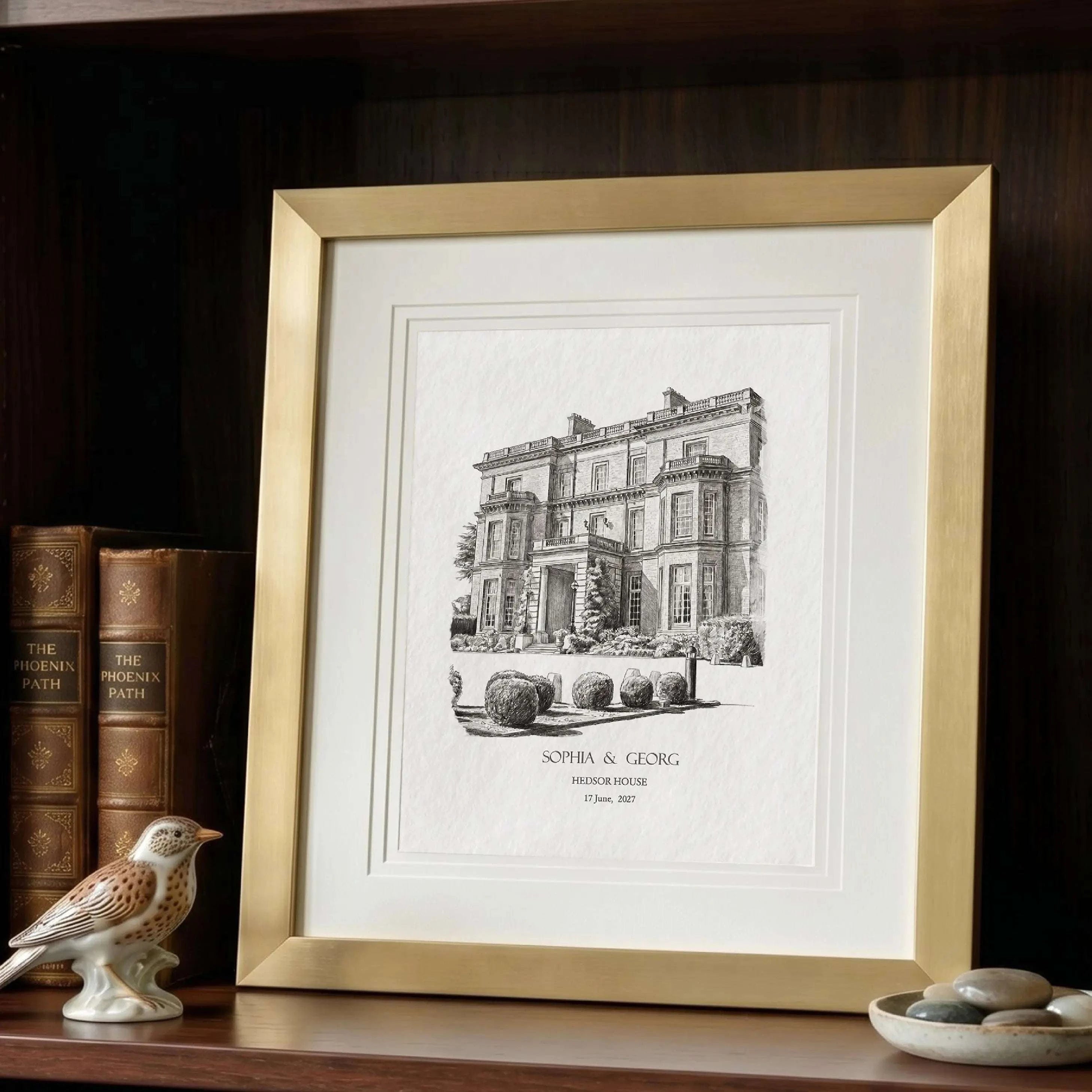 Hedsor House wedding venue sketch illustration, architectural pen and ink drawing of the historic English wedding venue and country estate manor house
