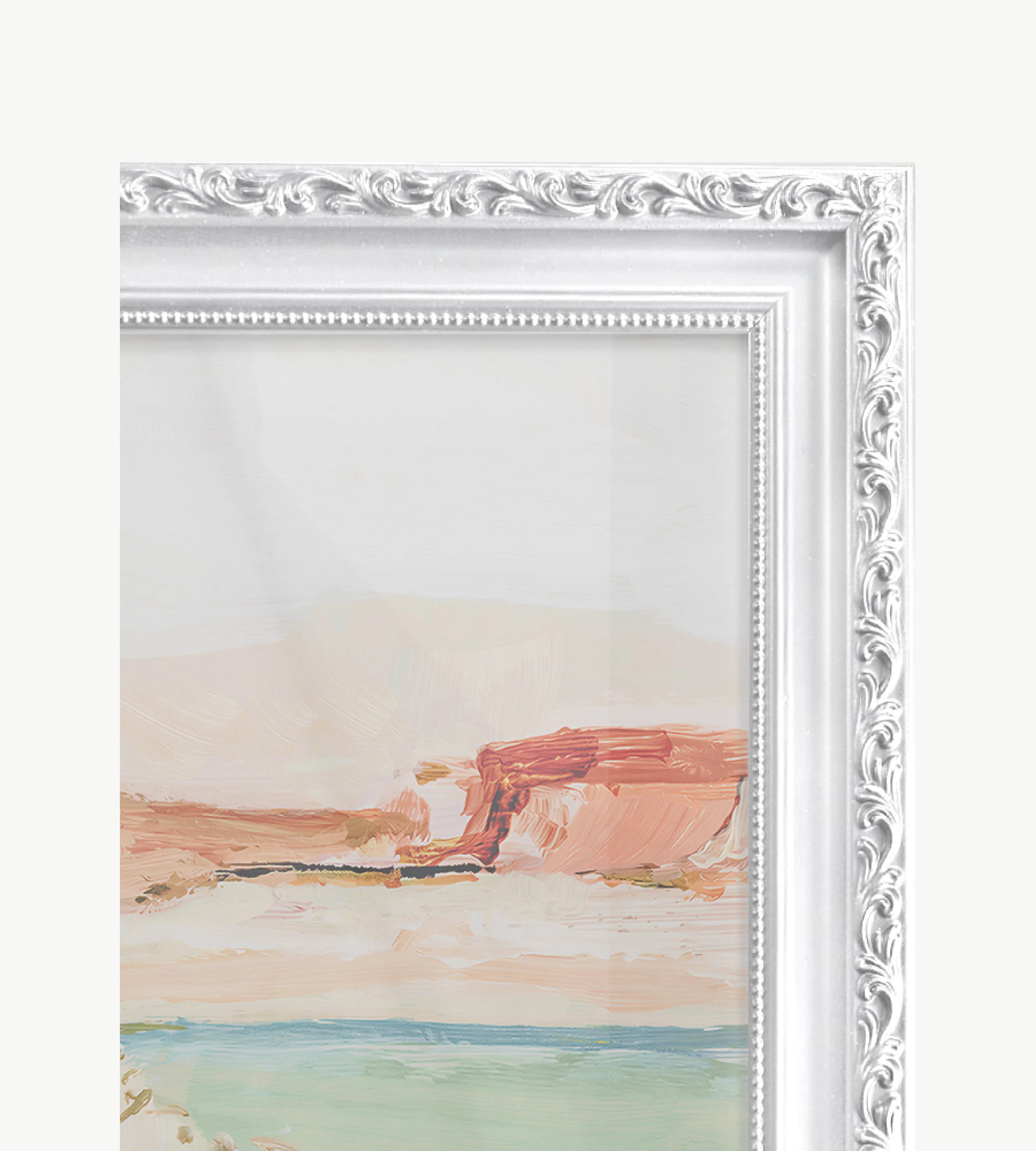 White ornate solid wood frame with detailed decorative carving and matte finish, elegant classic wall art frame