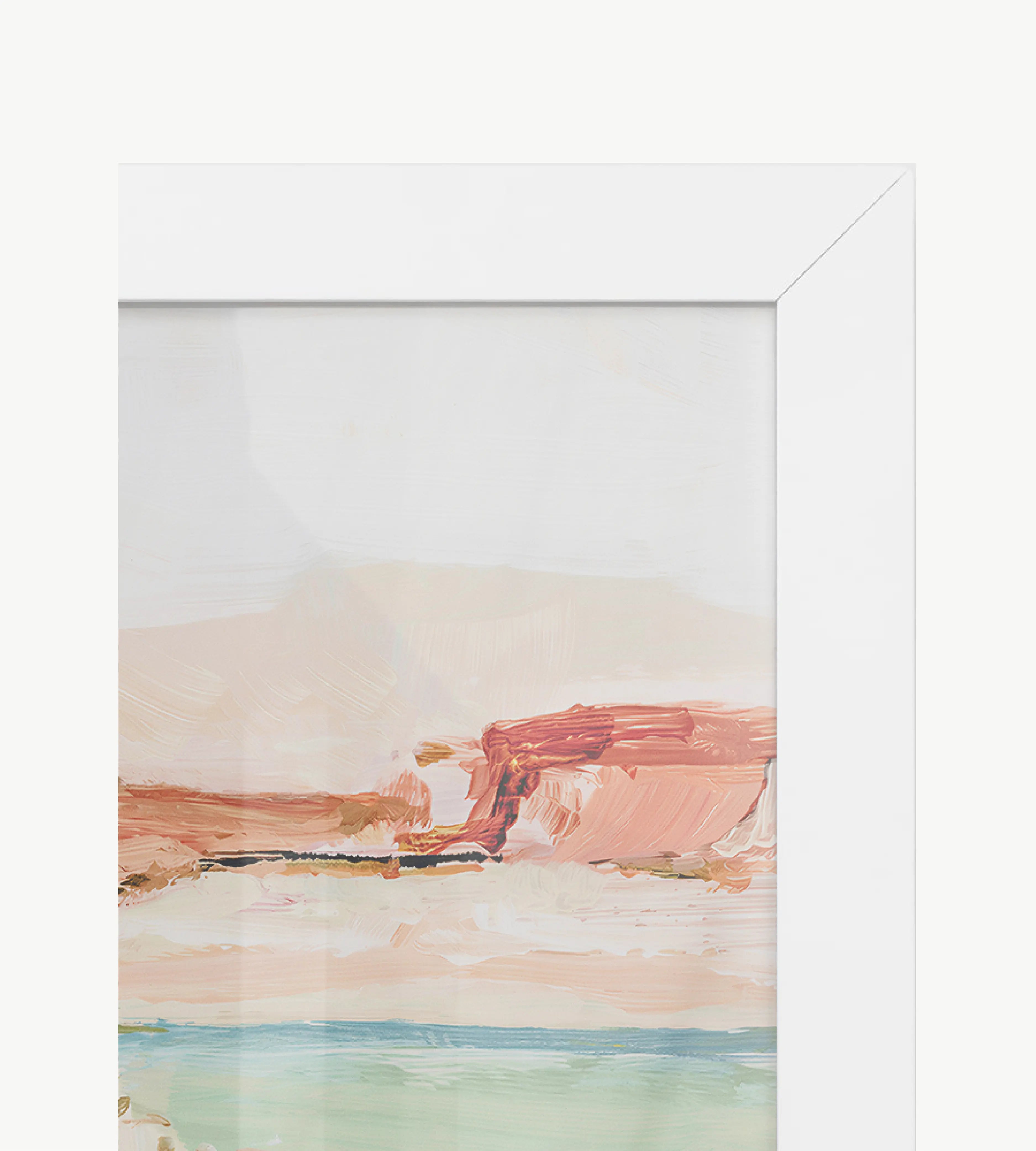 White solid wood picture frame with smooth matte finish, refined clean geometry and minimal aesthetic, fitted with anti reflective layer and ready to hang wall art